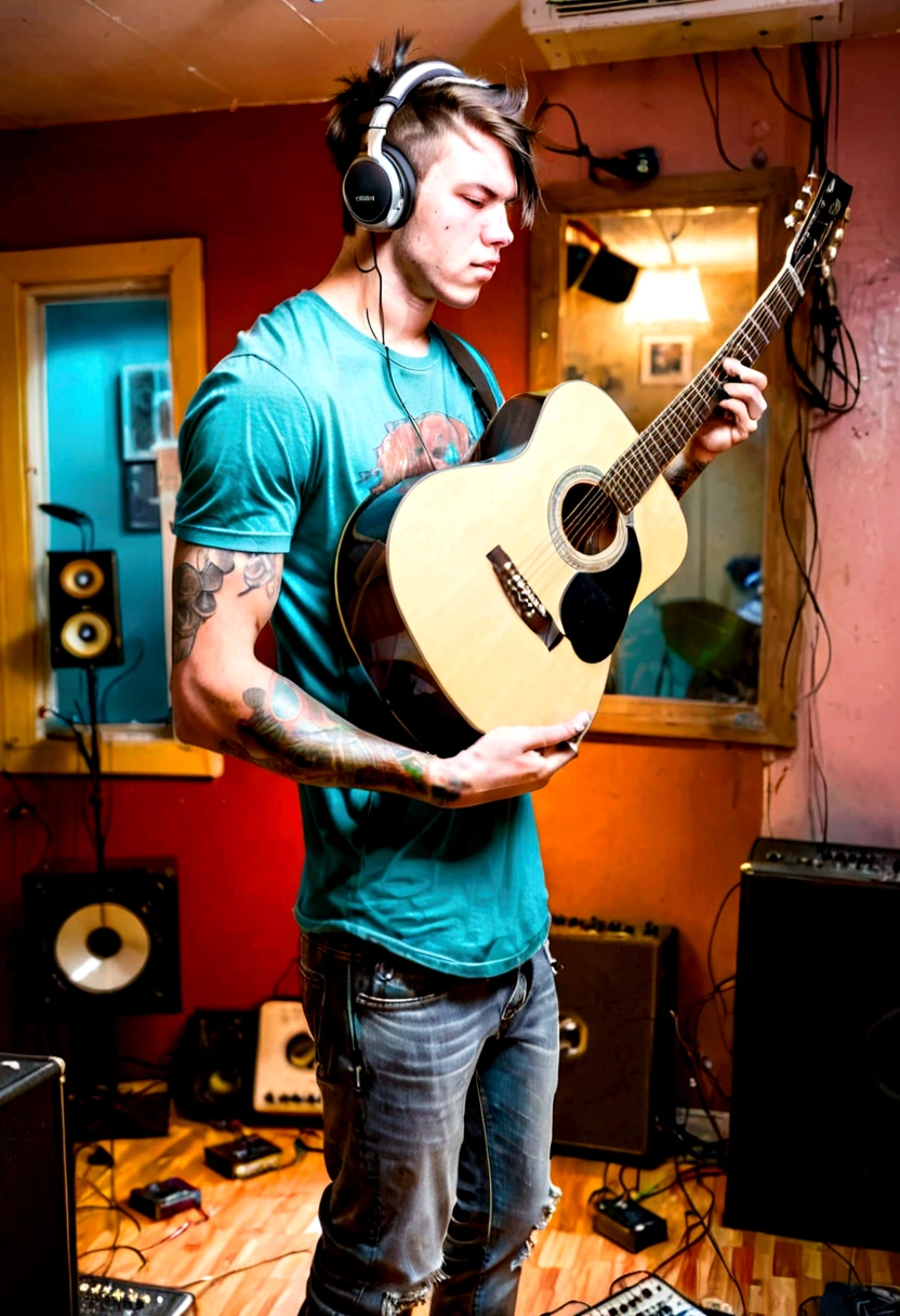 A young man is playing an acoustic guitar in a room that looks unkempt and messy, he wears big headphones in his ears, has short hair, ((big body, stocky, muscular)), and has tattoos on his arms.
