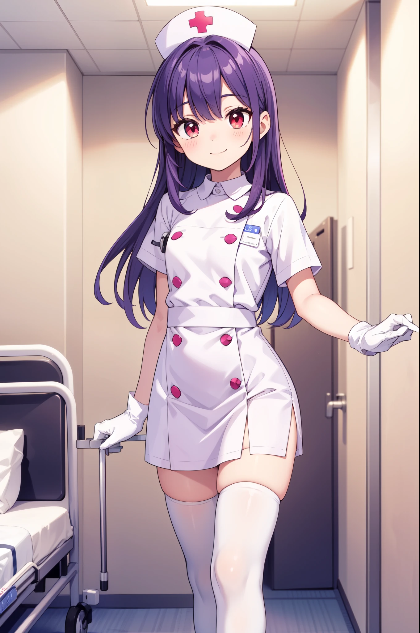 1boy, solo, male focus, nurse, white nurse cap, white nurse uniform, ((white legwear, zettai ryouiki)), white gloves, long hair, purple hair, red eyes, smile, standing, ((hospital room)), sharp outline, short sleeves, shota, , best quality, masterpiece