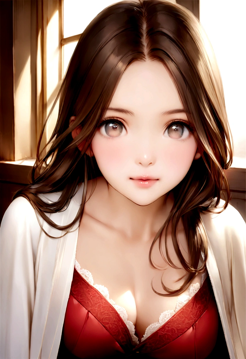 Hyperrealistic photography, mignon , 30 ans, longs cheveux bruns, longue robe rouge prèsdu corps, photo nette, Regarder le spectateur, Brown hair, long dark brown hair, corps, Model you are looking for, photo réaliste d'une fille. regarde la caméra avec les jambes croisée photo soft