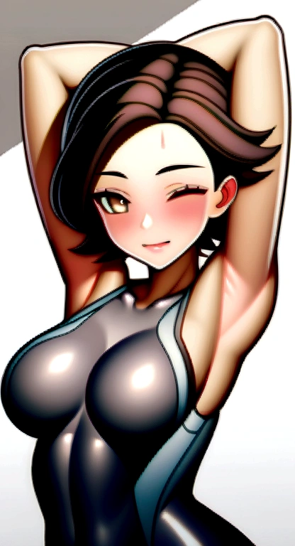 (Perfect body),Best Quality,(8K Portrait),(Official art)、(NSFW)、embarrassed from、:D、(One eye is closed)、(((blush))),(Sweat),(large udder)、((Big ass))、(Brown hair),((short-hair))、(Forehead)、((Parted bangs)), (eyes are brown),(((thick thighs)))、(A Gray Sports Bra)、(Grey sports panties)、((Arms above the head))、Armpits、