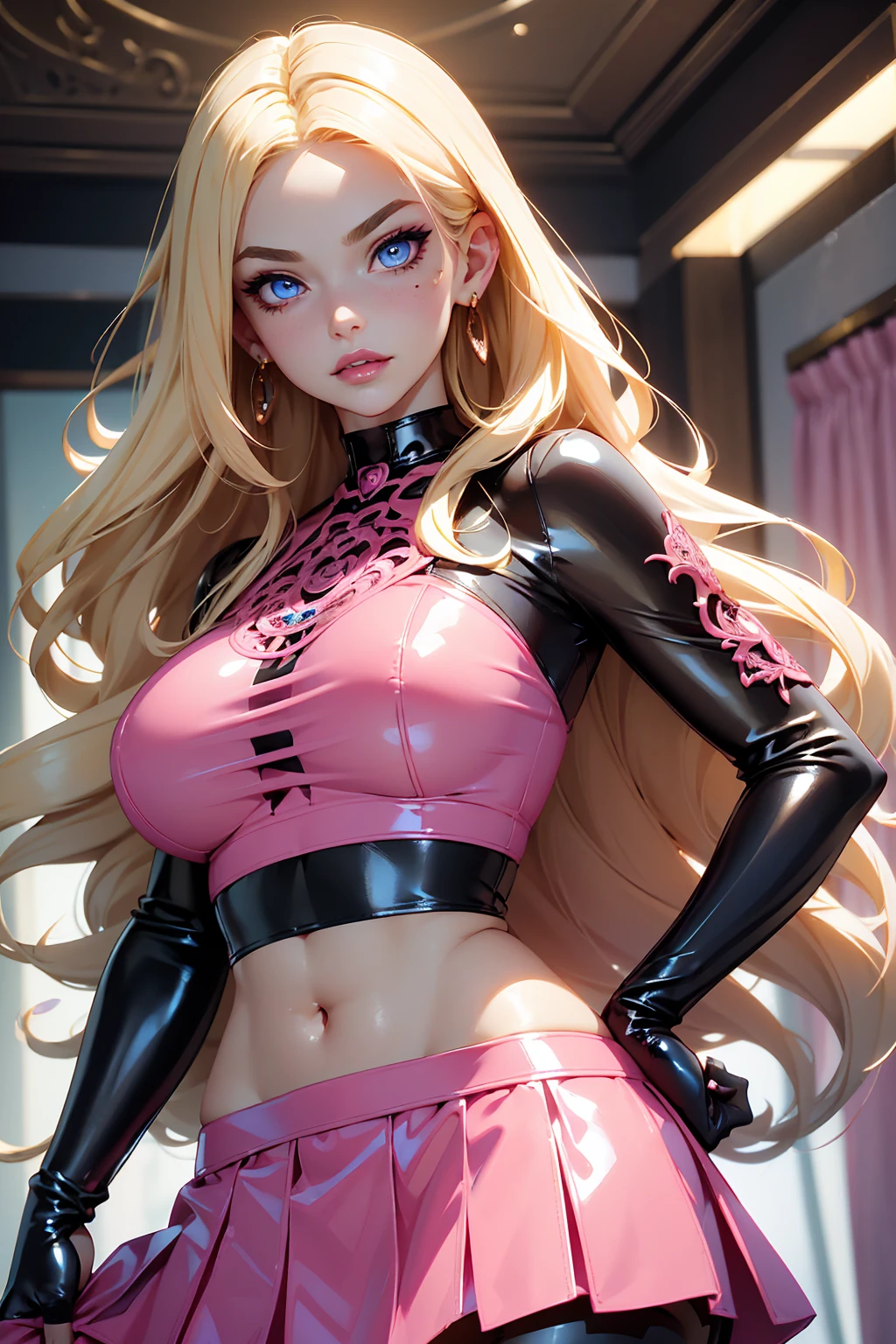 (((Blonde stunning hair))), (blue eyes), blue necklace, Golden earrings, Fit, Gorgeous Body, gorgeous, brown eyebrows, (two moles over lip), big pupils, (23 years old), 1girl,solo, complex skin, warm light, (large breasts), wide thighs, round butt, 5 fingers, ((blushing)), ((detailed face, best quality)), ((masterpiece)), ((ultra-detailed)), (beautiful detailed eyes), red lip, eyeshadow, beautiful face, long hair, very detailed eyes, intricate details in eyes, perfect lips, good lighting, ((latex short pink skirt and latex crop top)), (best quality), (real picture, intricate details), long hair, detailed face, mean smirk, evil face, mean girl, evil girl, mean expression, evil smile, big plump breasts, big ass, ((in a pink bedroom)), ((masterpiece: 1.4)), sitting