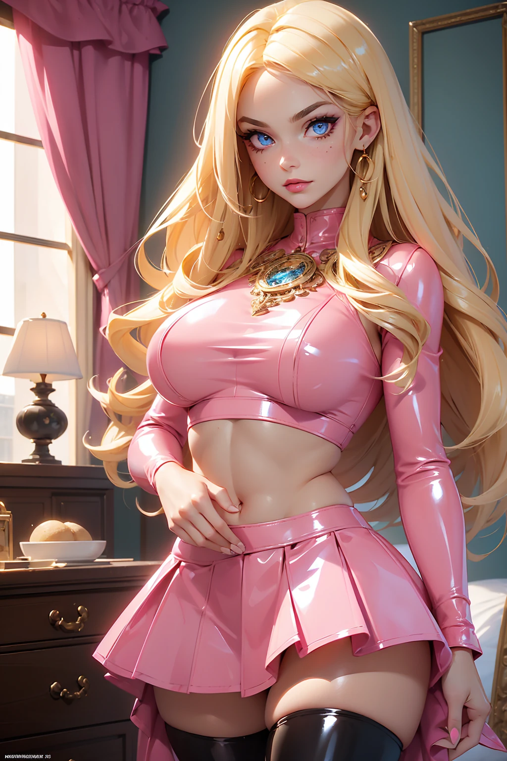 (((Blonde stunning hair))), (blue eyes), blue necklace, Golden earrings, Fit, Gorgeous Body, gorgeous, brown eyebrows, (two moles over lip), big pupils, (23 years old), 1girl,solo, complex skin, warm light, (large breasts), wide thighs, round butt, 5 fingers, ((blushing)), ((detailed face, best quality)), ((masterpiece)), ((ultra-detailed)), (beautiful detailed eyes), red lip, eyeshadow, beautiful face, long hair, very detailed eyes, intricate details in eyes, perfect lips, good lighting, ((latex short pink skirt and latex crop top)), (best quality), (real picture, intricate details), long hair, detailed face, mean smirk, evil face, mean girl, evil girl, mean expression, evil smile, big plump breasts, big ass, ((in a pink bedroom)), ((masterpiece: 1.4)), sitting