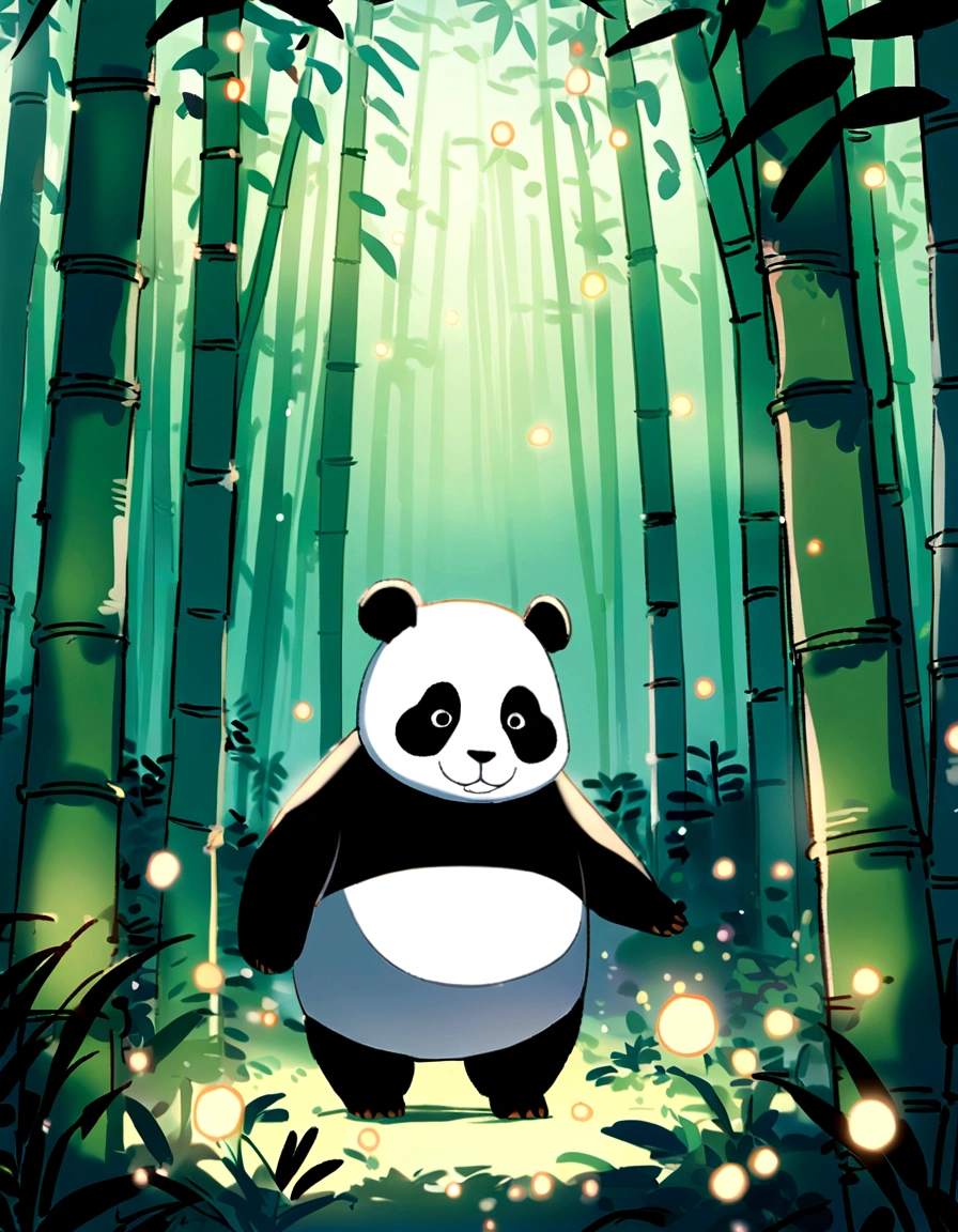KIDS ILLUSTRATIOn, Quiet bamboo forest, Cute and cute giant panda,fatty,looking sleepy, fireflies flying,