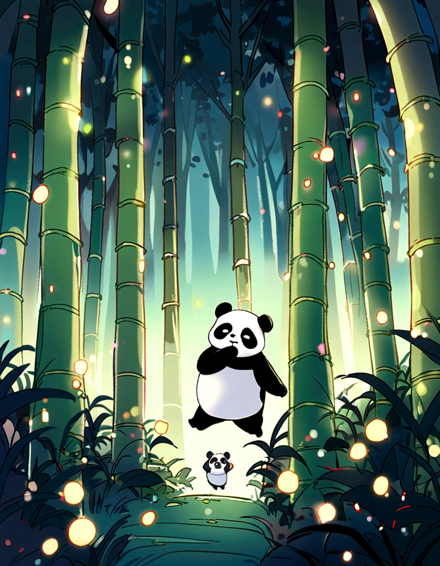 KIDS ILLUSTRATIOn, Quiet bamboo forest, Cute and cute giant panda,fatty,looking sleepy, fireflies flying,