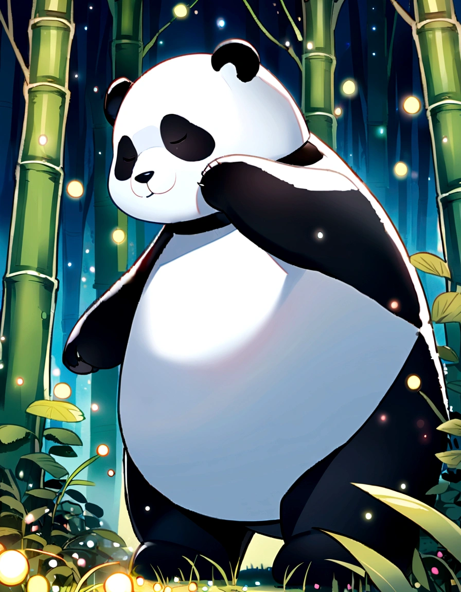 KIDS ILLUSTRATIOn, Quiet bamboo forest, Cute and cute giant panda,fatty,looking sleepy, fireflies flying,
