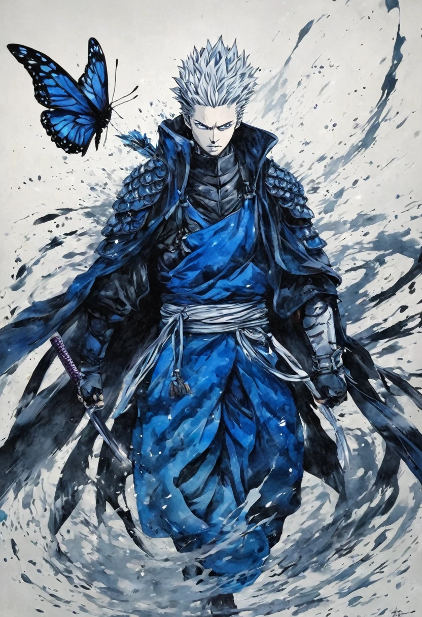 Ink and ink painting,Black and white painting,splash,Beautiful detailed glass hair,Jujutsu Kaisen,Itadori Yuuji,samurai armor,(Blue Butterfly々,Feather powder),open arms for viewer,