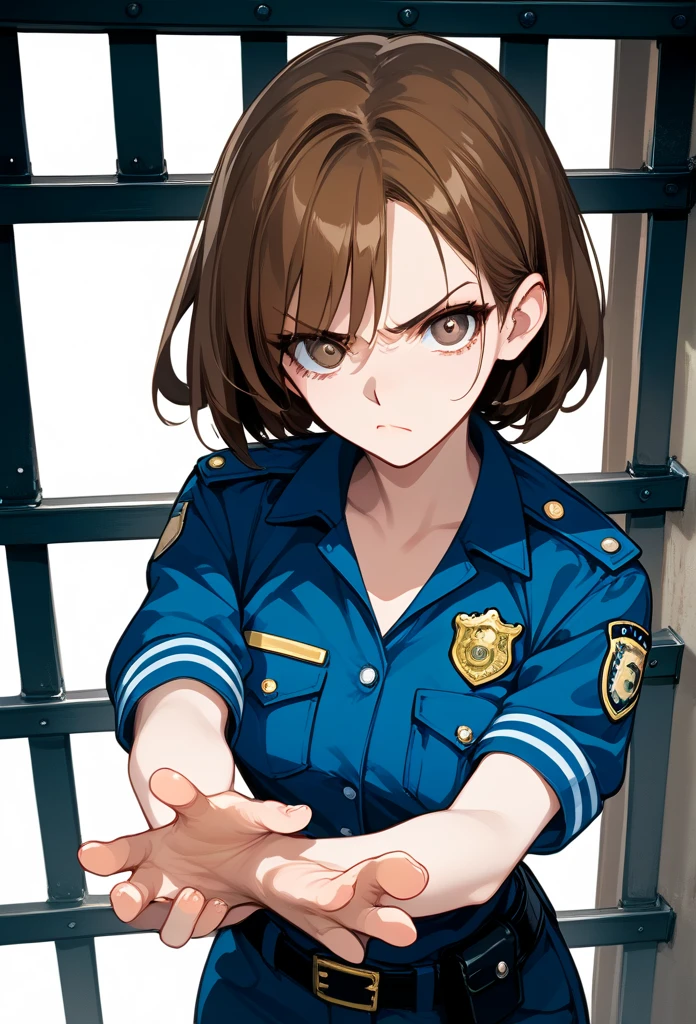 masterpiece, best quality, mature woman, mature face, bob hairstyle, brunette hair, mature face, hot face, sharp eyes, medium breasts, curvy body, hazel eyes, police outfit, looking at viewer, tough appearance, prison cell, jail cell, (looking serious), pissed off face, glaring eyes, angry expression, (cuffed hands, restrained hands, hands behind)