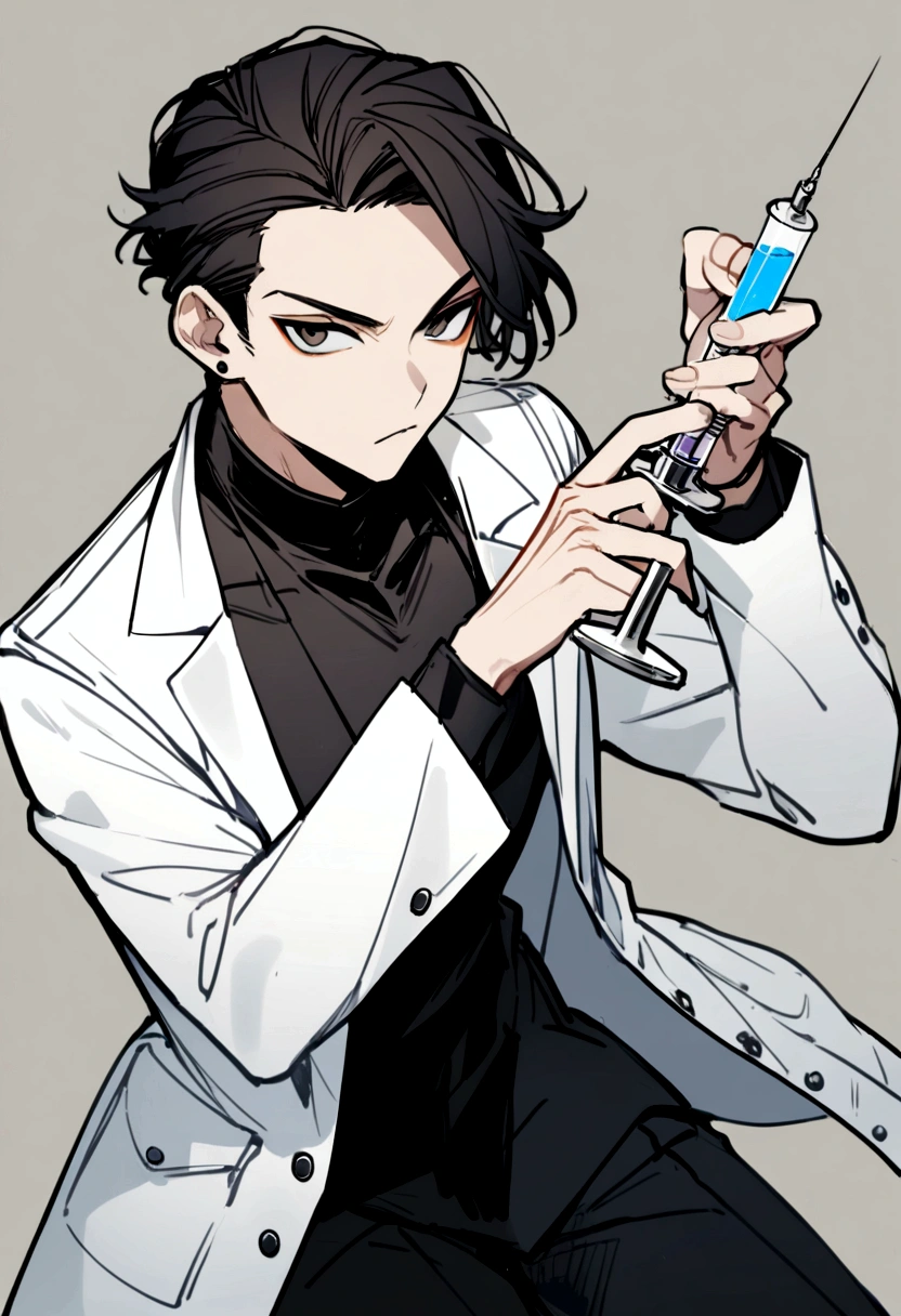 1 men, medical jacket, Bblack hair, stylish outfit, Doctor, syringe in hand