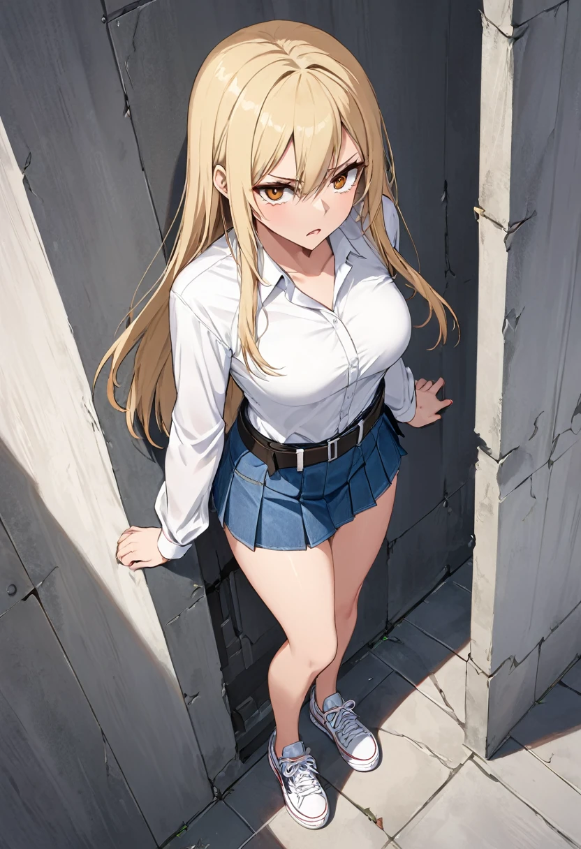 mini skirt , Sneakers , white dress shirt , View from above , denim skirt , assassin , whole body , bare legs ,blond hair , Inner wall , Sharp eyes , straight hair , thighs , whole body , pleated skirt , sexy women , long sleeves , waist belt , casual , standing posture , desperation, holding crotch