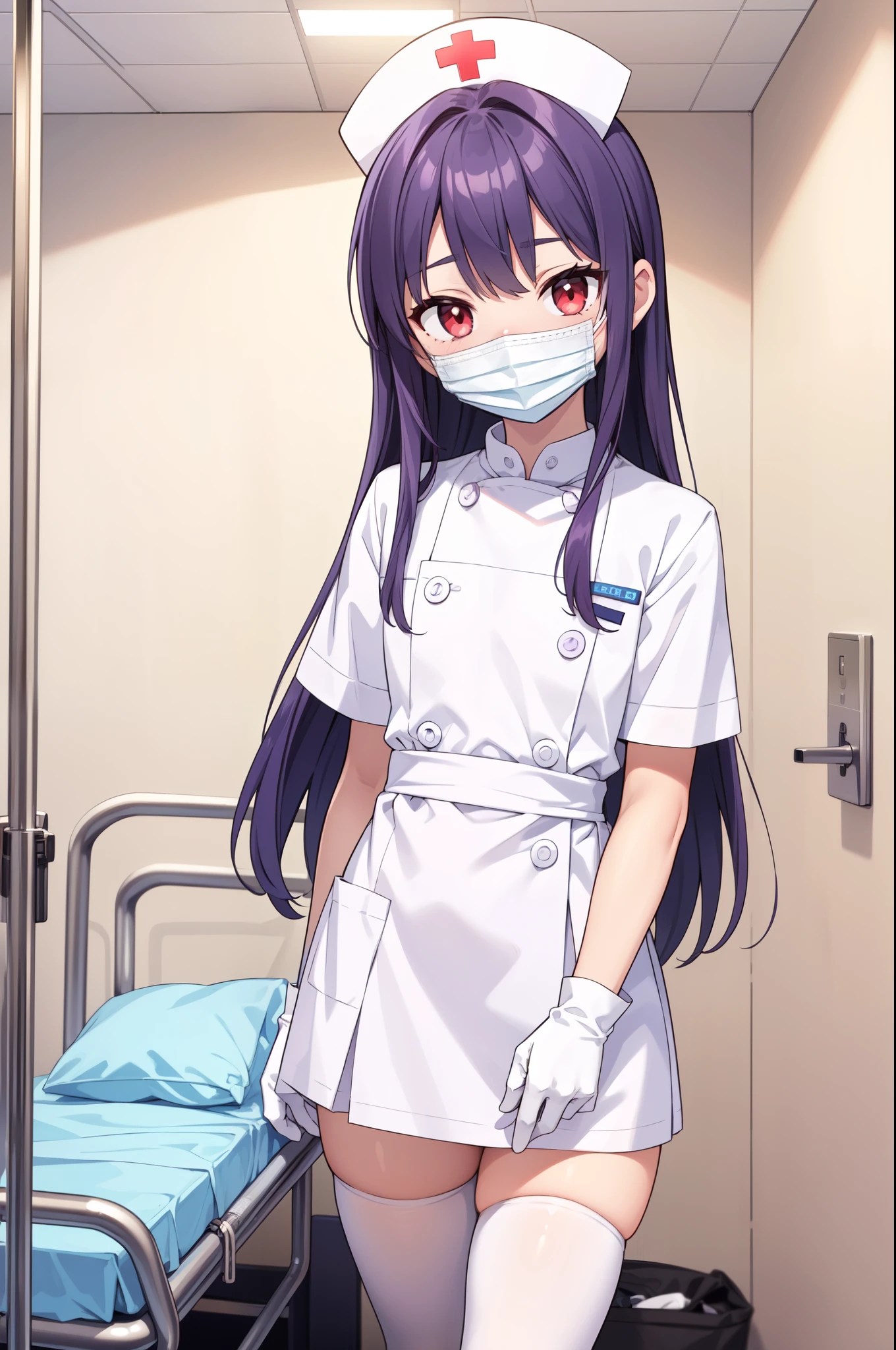 1boy, solo, male focus, nurse, white nurse cap, white nurse uniform, ((white legwear, zettai ryouiki)), white gloves, long hair, purple hair, red eyes, ((white surgical mask, covered nose)), standing, ((hospital room)), sharp outline, short sleeves, shota, , best quality, masterpiece