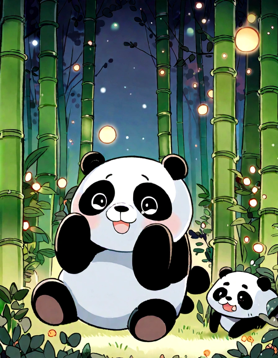 KIDS ILLUSTRATIOn, Quiet bamboo forest, Cute and cute giant panda,fatty,looking sleepy, fireflies flying, panda is yawning
