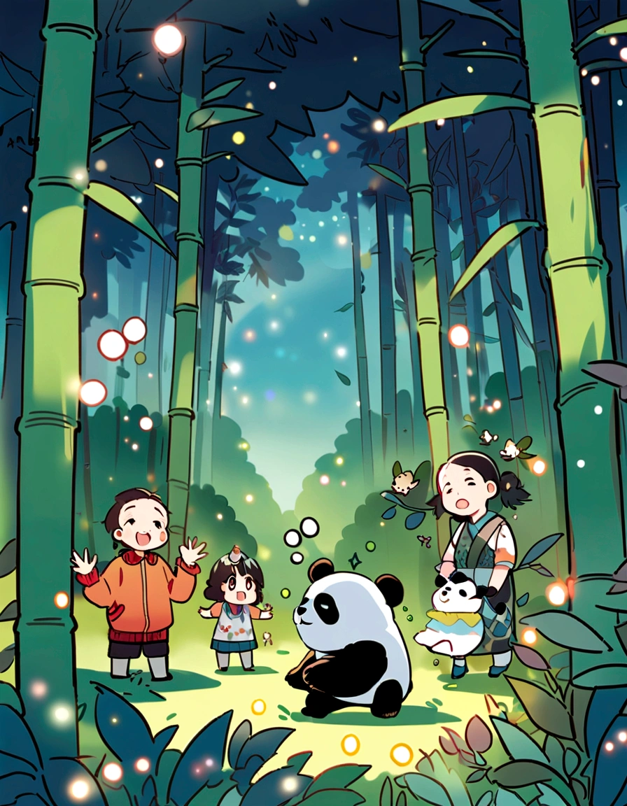 KIDS ILLUSTRATIOn, Quiet bamboo forest, Cute and cute giant panda，fatty，looking sleepy, fireflies flying, panda is yawning