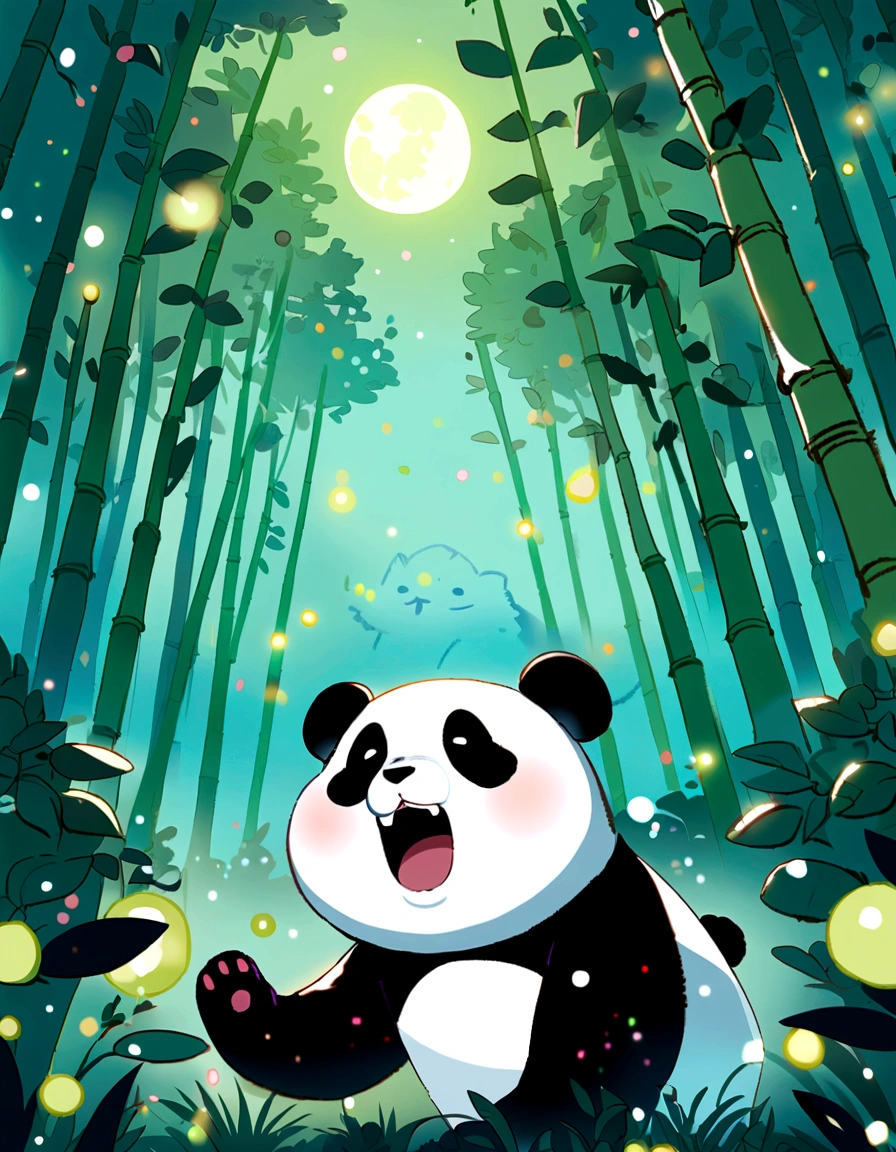 KIDS ILLUSTRATIOn, Quiet bamboo forest, Cute and cute giant panda，fatty，looking sleepy, fireflies flying, panda is yawning