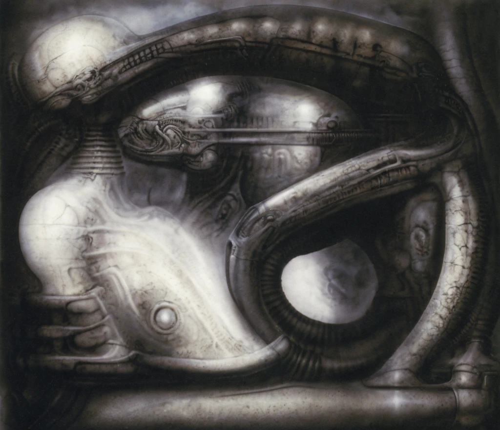 The image is a detailed view of H.R. Giger's biomechanical tableau \" Landscape XVI \" plate, featuring.
(airbrush painting, Giger's alien in front of broken alien ship in landscape, natural light, sharp focus, illustration, highly detailed, digital painting, concept art, matte, art by gric and kozhanov and moebius and Alphonse Mucha, masterpiece, HDR ,UHD , uplight, in HRGigerArhP style);1.
surrealistic painting of a monster with multiple tentacles and a body that looks like a brain, surrounded by a chaotic scene of swirling clouds and other monsters
 It's a complex network of bones and organs in eldritch color scheme:a greenish-brown hue ,swirling gery and brown colors. The artwork is silverish and green brown, with an ivory bones prominently displayed. The image is highly detailed and intricate, almost like a 3d version of a medical sketchwork.   
The piece is a tableau, most likely created with a India ink pen or pencil on paper, determined by the thin lines, shading techniques, and the texture of the paper, which is visible around the edges.
Used is pen, given the shading and variations in line weight visible in the image. Artist have used a variety of stylus with different degrees of hardness to achieve the shading effects.
 The use of undersaturated green-grays dark contrasts creates a stark and graphic look. Is used a variety of linework techniques to create different textures. Fine, parallel lines create a smooth, metallic texture,while thicker, more cursive lines suggest cables or wires.
Light source from the top highlights skeletals, pper part of foreground, lower part of image is in shadowupper part of foreground, lower part of image is in shadow.
The art performance showcases the artist’s skills in observation and rendering. The level of detail in the piece suggests a close study of real bone specimens and mechanics. The artist has skillfully used shading techniques to create a convincing illusion of three-dimensionality on a flat surface. The wrinkles 