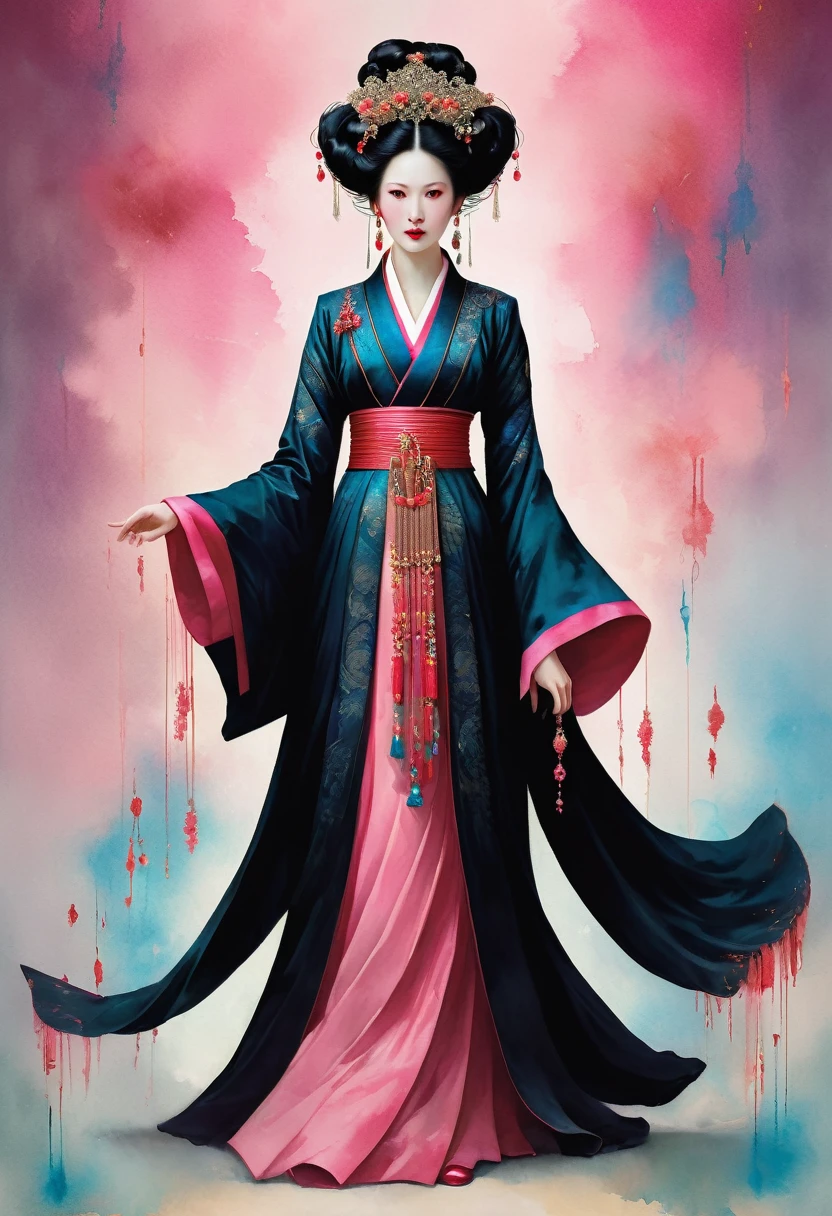 (full body:1.8), portrait of a beautiful empress, blue glowing eyes, imposing look, strong pose, porcelain skin, long black hair, ornate traditional robe, Harrison Fisher and Catrin Welz-Stein art style, vivid colors, pink color palette, highly detailed, cinematic lighting, dramatic pose, elegant, graceful, regal, intricate details, masterpiece, photorealistic, 8k, best quality