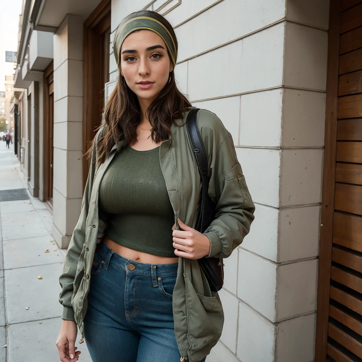 Extremely busty thin and toned brunette photographer, college girl, fair skin, loose side sweep, soft face, athletic, bandana babushka headwrap, tight olive green casual windbreaker, skinny jeans. standing in front of her apartment building, outdoors, city, camera bag, cleavage