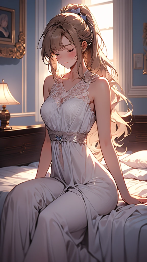 kei Karuizawa, blonde, long ponytail, violet eyes, bangs, wavy hair wearing a light, white transparant lace nightgown with a blue bow in the center. (sleeping in bed), The girl should have a thoughtful expression, blush on her cheeks, lie down on the bed with a serene atmosphere. Include delicate details like lace and soft shadows to enhance the overall gentle and dreamy ambiance