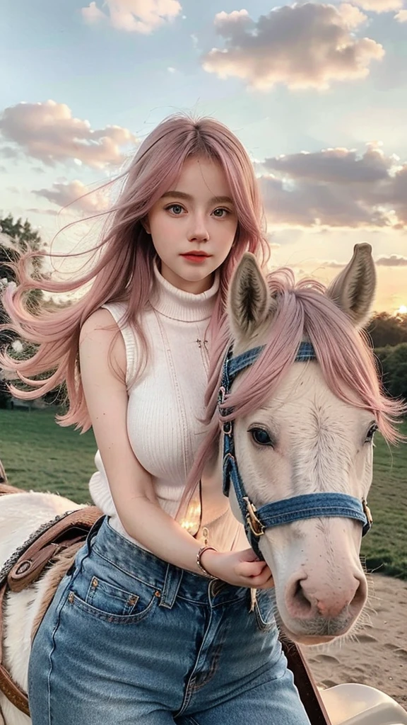 1 Girl, Beautiful, , 20 Years Old, White Skin, Colossal Chest, Sleeveless Turtleneck, Denim Mini Pants, Cleavage, Riding a Horse, White Horses, Home Outdoor Background, Highlight Pink Coloured Hair, Medium Bob Hair, ((Adorable:1.3)), ((Masterpiece:1.1)), ((Hair Blowing:1.1)), Sunset