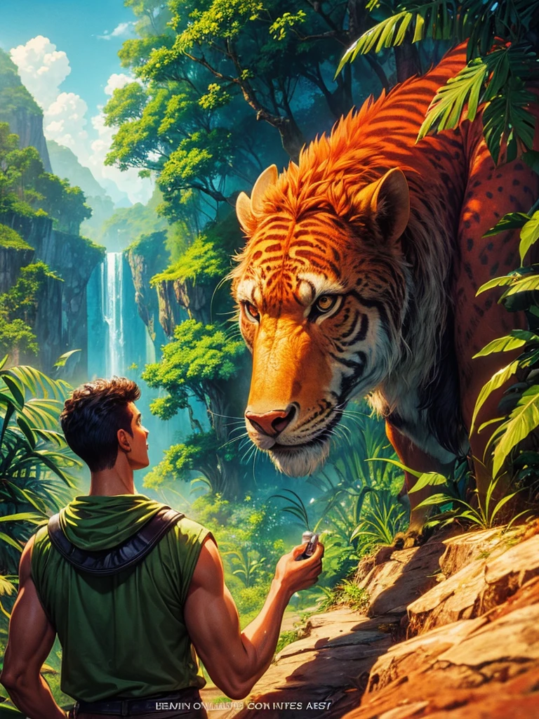 A movie poster with 80s art style, about an adventure in the jungle, where explorers find a beautiful valley in the jungle, where prehistoric animals and dinosaurs live 