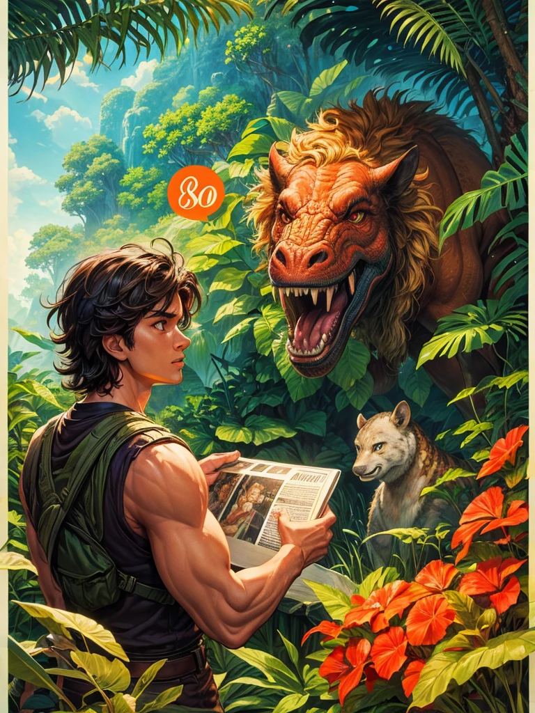 A movie poster with 80s art style, about an adventure in the jungle, where explorers find a beautiful valley in the jungle, where prehistoric animals and dinosaurs live