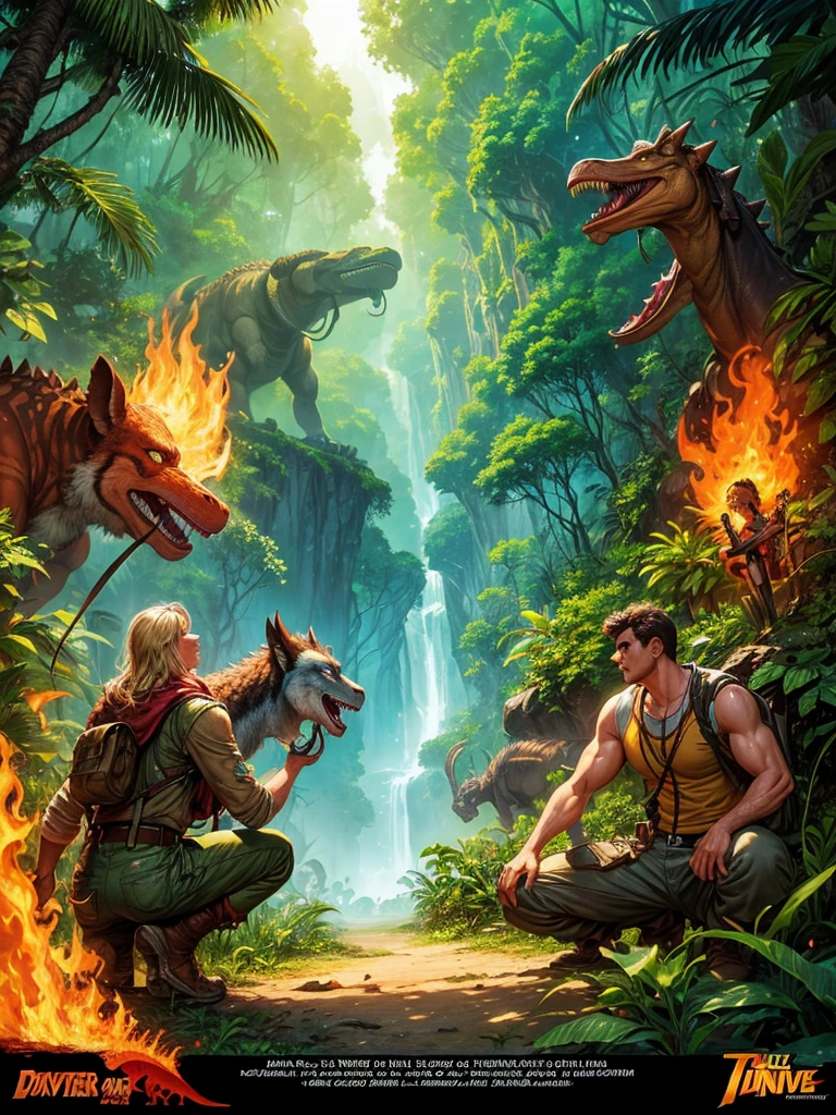 A movie poster with 80s art style, about an adventure in the jungle, where explorers find a beautiful valley in the jungle, where prehistoric animals and dinosaurs live 