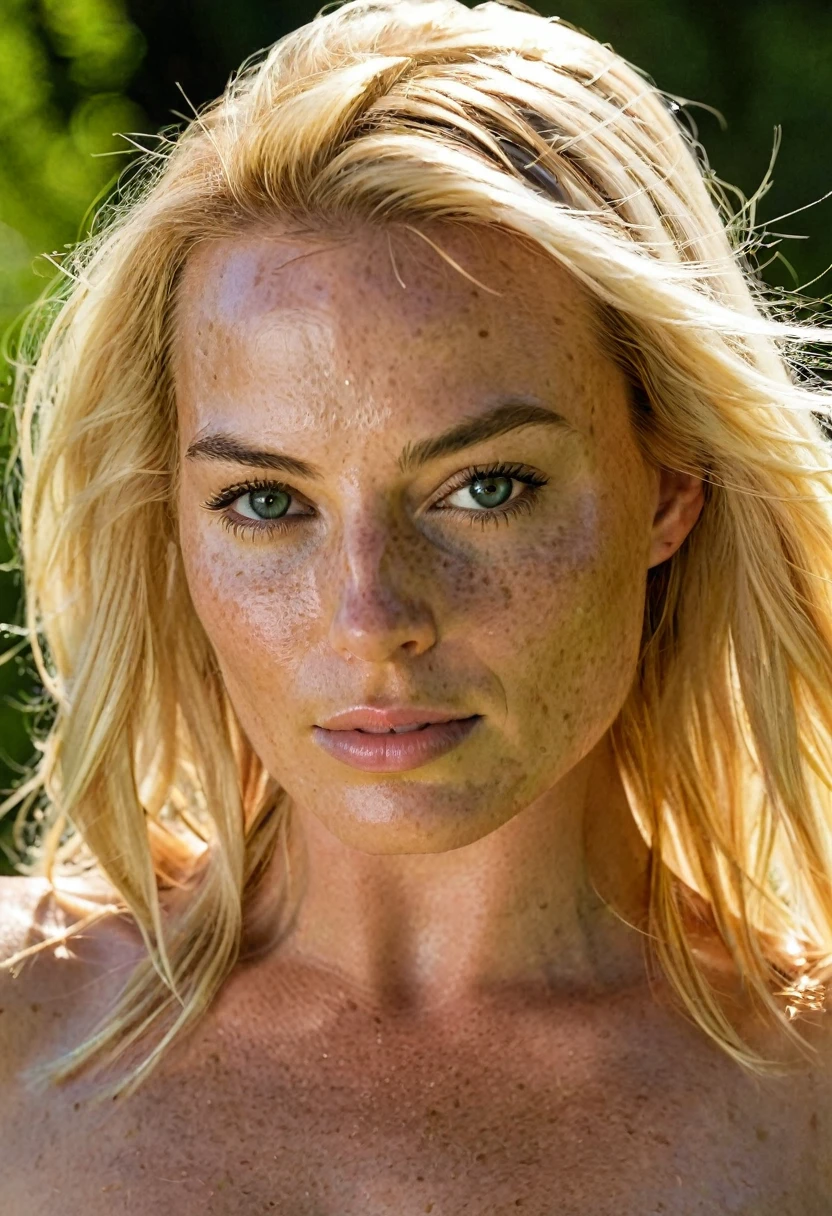 high quality celebrity Erotic photo , 40yo woman ( Magrot Robbie, grass land side , photorealistic , celebrity , random click, woman , incredibly whitsh bright blonde hair, freckles on skin,) shiny sweaty skin , sexualized move, erotic angles, flat breast , celebrity erotic photograph , shiny sweaty skin, celebrity, female, woman, hollywood actress , ( natural photorealistic lights, depth of field, detailed face , insanely detailed skin texture, hyper detailed features )