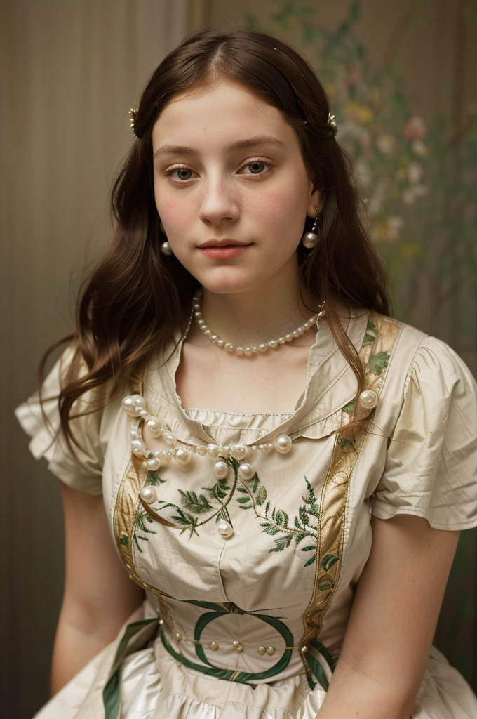 there is a picture of a young girl with a dress on, autochrome pearl portrait, inspired by Henriette Wyeth, a colorized photo, inspired by Laura Theresa Alma-Tadema, colorized background, inspired by Johanna Marie Fosie, sepia toned, in a style blend of botticelli, inspired by Hilde Goldschmidt, color studio portrait, color portrait