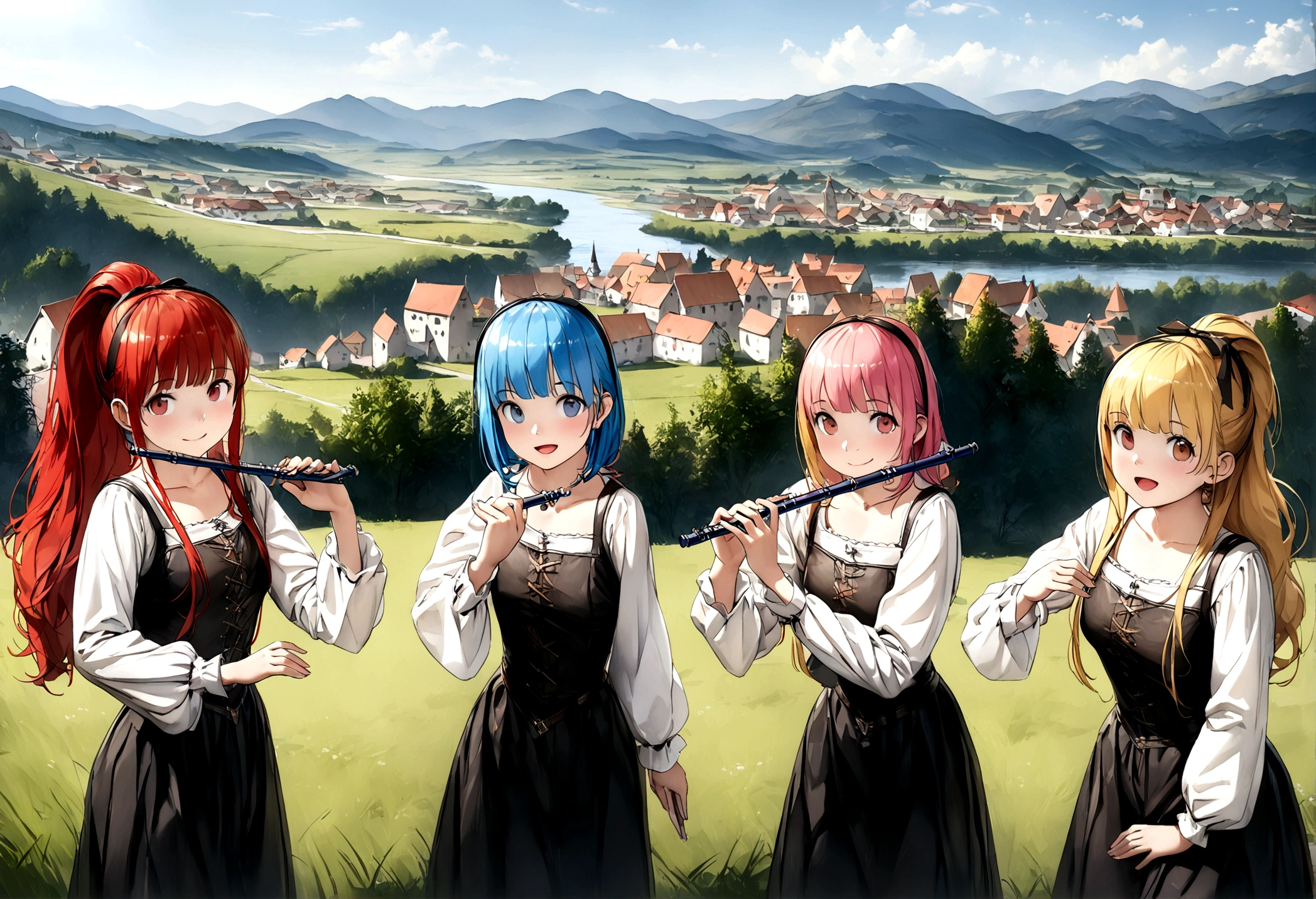 (((Top quality, 4k, 8k, high resolution, masterpiece: 1.2))), (super detailed), (realistic), (photorealistic), (photorealistic: 1.37), (HDR, UHD), (studio (lighting)), ultra-fine drawing, sharp focus, physically based rendering, highly detailed, professional, vibrant colors, perfect ditaile hand, highly detailed realistic eyes, girl, one girl, multiple girls, A lot of girls, smile, open mouth, close mouth, short hair, medium hair, medium length, long hair, ponytail, red hair, blue hair, blonde hair, green hair, pink hair, medieval European clothing, Citizen's Clothing from Medieval Europe, miniskirt, mid-length skirt, long skirt, chinos pants, (((playing the flute))), (((playing the drums))), Medieval European town, Countryside, Medieval European rural village, Rural grassland, Mountain view, Rural river, Irrigation canal, anime, cartoon, kawaii, qute, (((Long shot, Panorama, Distant view, Vast landscape))), knees, feet, looking at viewer,