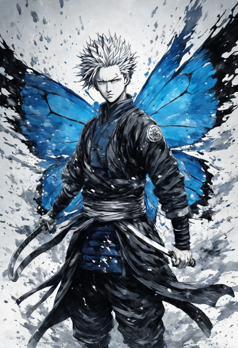 Ink and ink painting,Black and white painting,splash,Beautiful detailed glass hair,Jujutsu Kaisen,Itadori Yuuji,samurai armor,(Blue Butterfly々,Feather powder),open arms for viewer,