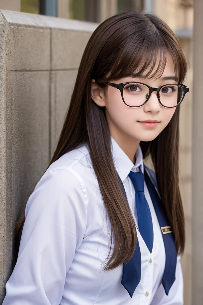A brown-haired high school girl wearing glasses and a uniform
