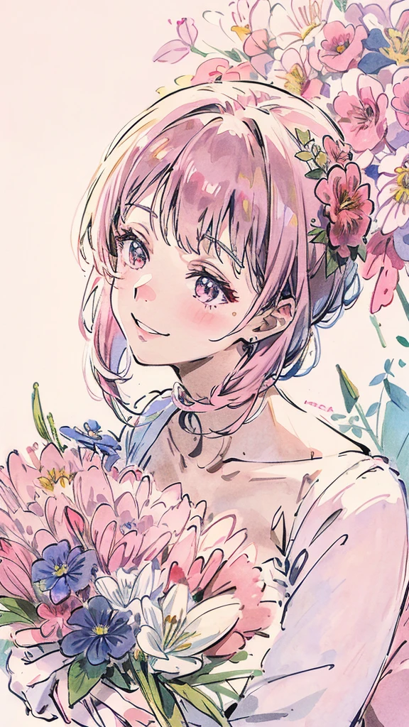 Profile of a woman trying to bury her face in a large bouquet of flowers. A shy, smiling woman. Pink. Colored pencil drawing. The woman is positioned on the right side. There is some space.