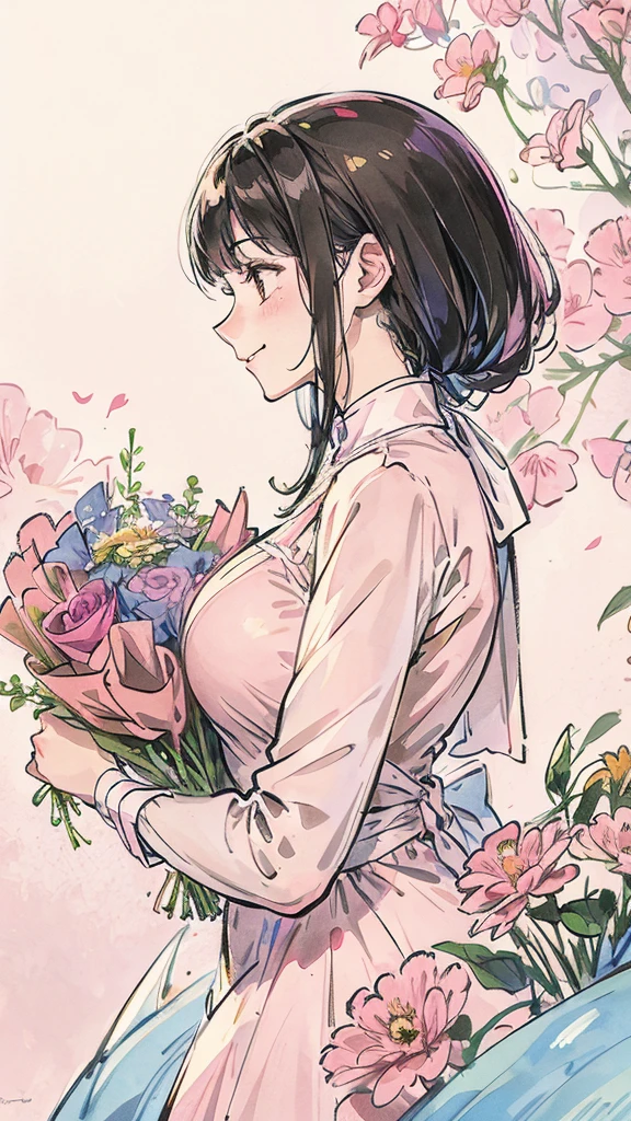 Profile of a woman trying to bury her face in a large bouquet of flowers. A shy, smiling woman. Pink. Colored pencil drawing. The woman is positioned on the right side. There is some space.