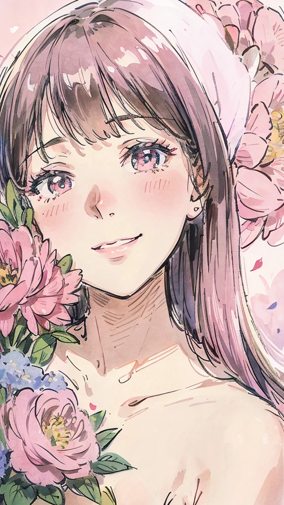 Profile of a woman trying to bury her face in a large bouquet of flowers. A shy, smiling woman. Pink. Colored pencil drawing. The woman is positioned on the right side. There is some space.