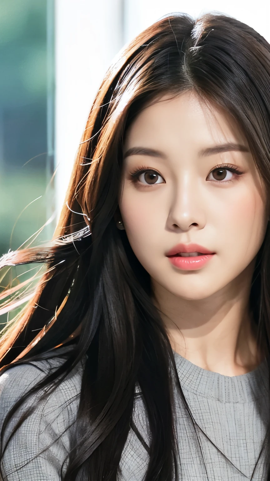 a close up of a woman with long hair wearing a gray top, portrait jisoo blackpink, jaeyeon nam, jisoo of blackpink, blackpink jennie, with very thin lips, park ji-min, jisoo from blackpink, jossi of blackpink, portrait of jossi of blackpink, lee ji - eun, lee ji-eun, beautiful south korean woman, popular korean makeup