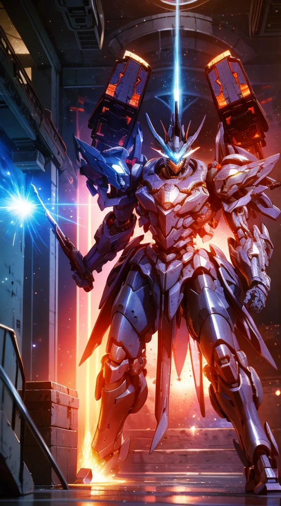 (Obra de arte, melhor qualidade:1.5).Mech branco e azul com detalhes dourados, médio, segurando uma sniper azul grande. Extremely detaild, 8K, HDR, naturallight, cinematic lighting, masterpiece-anatomy-perfect, Ultra HD, (Space Combat:1.5, Battlefield:1.5), RAW photo, metallic, professional, ultra-fine painting, perfect body proportions, anatomically correct, uhd, real texture material, Anti-Aliasing, FKAA, TXAA, SSAO, Post Processing, Post Production, Tone Mapping, CGI, VFX, SFX, Hyper maximalist, Volumetric, ultra photorealultra-detailed intricate details.