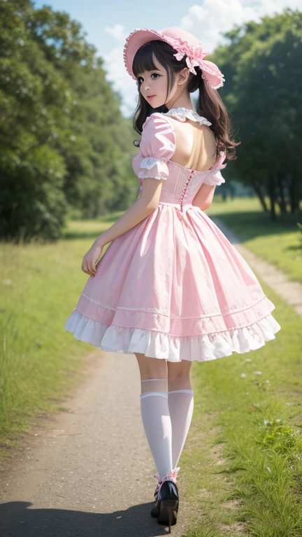 masterpiece、Highest quality、8k、1 Girl、White skin、whole body、Beautiful thighs、Gospel Lolita Fashion、Pink outfit、grassland、Back view、Walking backwards、((Looking into the distance))、Cute Smile、Very cute face