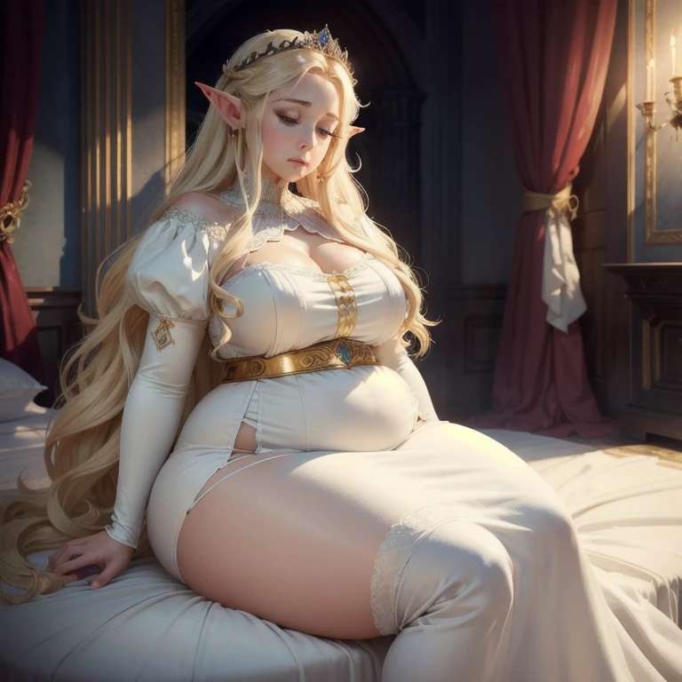 (Best quality), (high resolution), (detailed),1woman, tired elf, princess elf, beautiful royal garments, beautiful long white dress, sitting on a bed in her tall white tower, beautiful long wavy blonde locs, tall, shy priincess, slightly chubby, little pudgy belly, thicc thighs, super shy