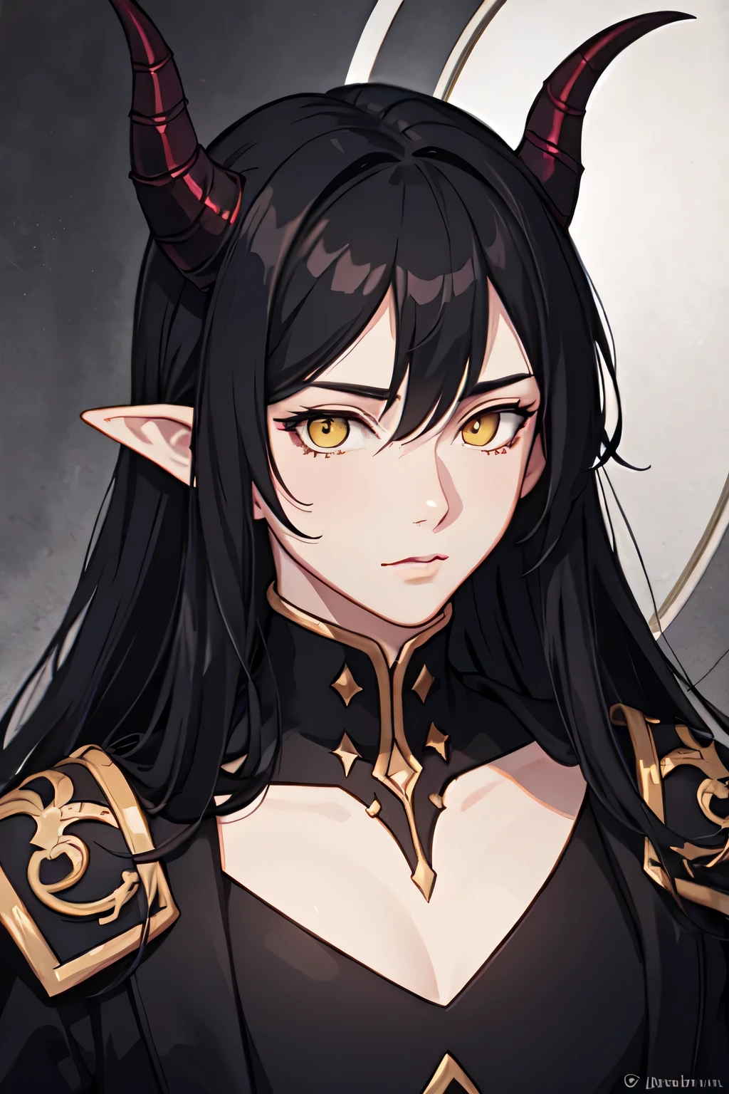 there is a drawing of a male tiefling with long black hair., no matter, Portrait of Tiefling, red skin, Beautiful, dnd character portrait, color line drawing, high quality detailed masterpiece, yellow eyes, straight and high black horns