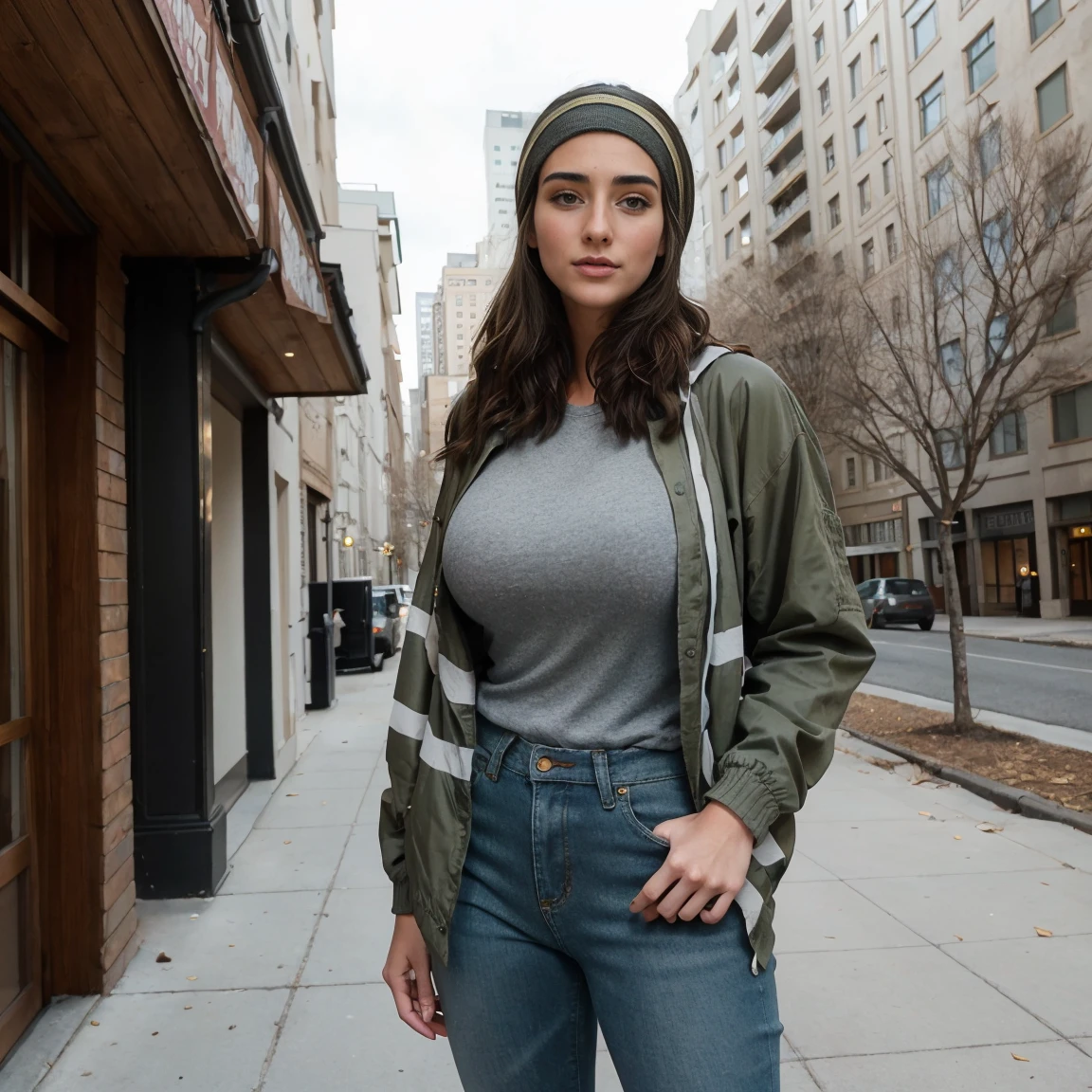 Extremely busty thin and toned brunette photographer, college girl, fair skin, loose side sweep, soft face, athletic, bandana babushka headwrap, tight olive green casual windbreaker, skinny jeans. standing in front of her apartment building, outdoors, city, camera bag, cleavage