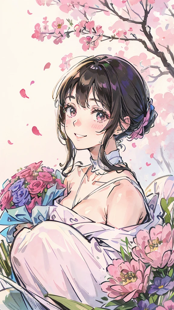 Profile of a woman trying to bury her face in a large bouquet of flowers. A shy, smiling woman. Pink. Colored pencil drawing. The woman is positioned on the right side. There is some space.