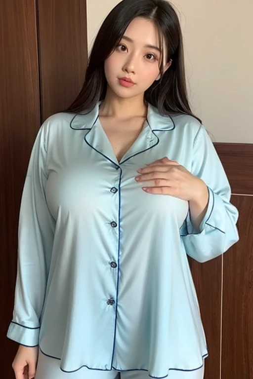 Big breasted girl in button-up. pajama sleep shirt