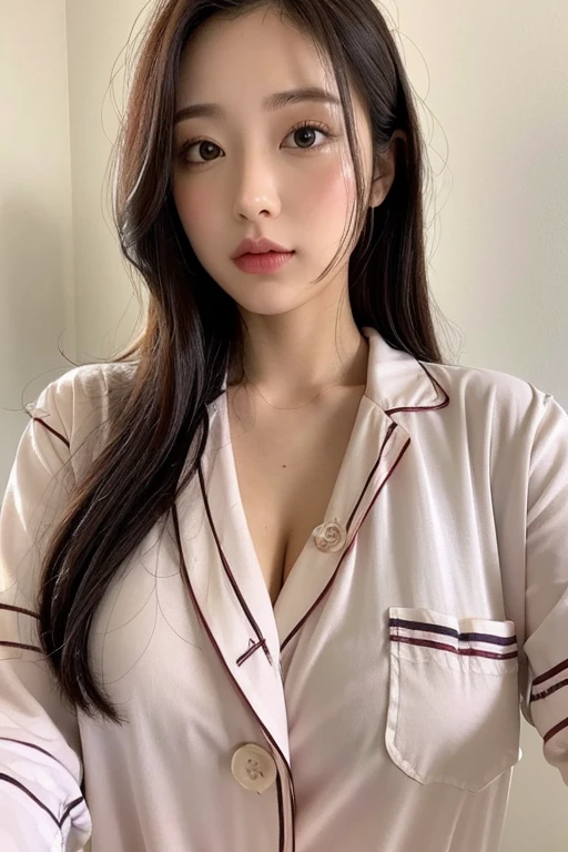 Big breasted girl in button-up. pajama sleep shirt