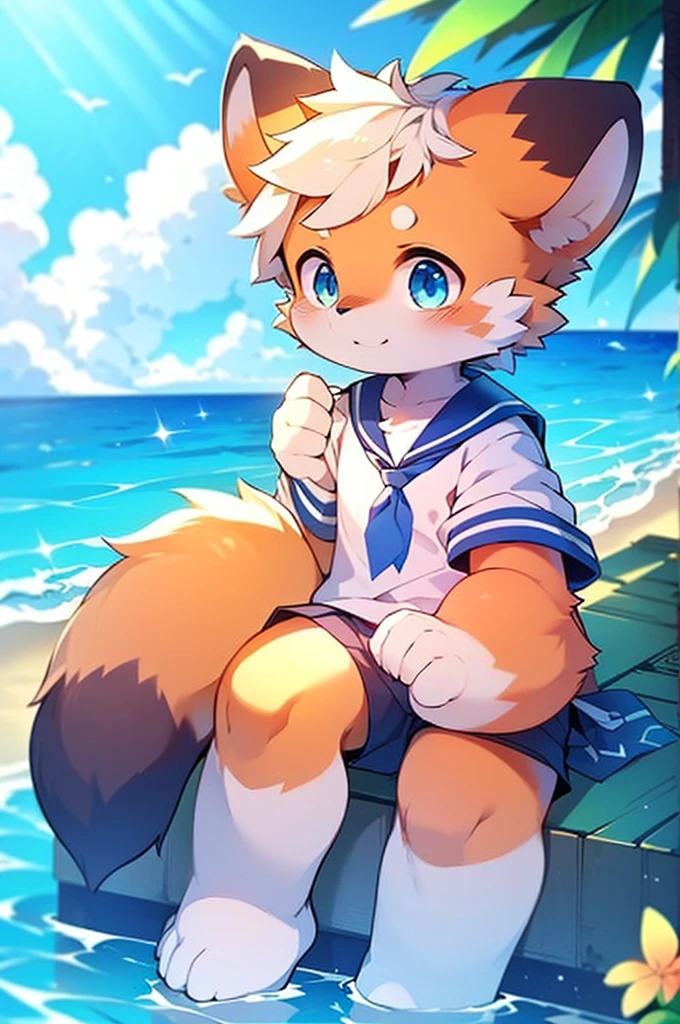Male Red Panda, Ocean, Appeared wearing a sailor uniform! One in heat, Sitting,fly in the sky,Blue light