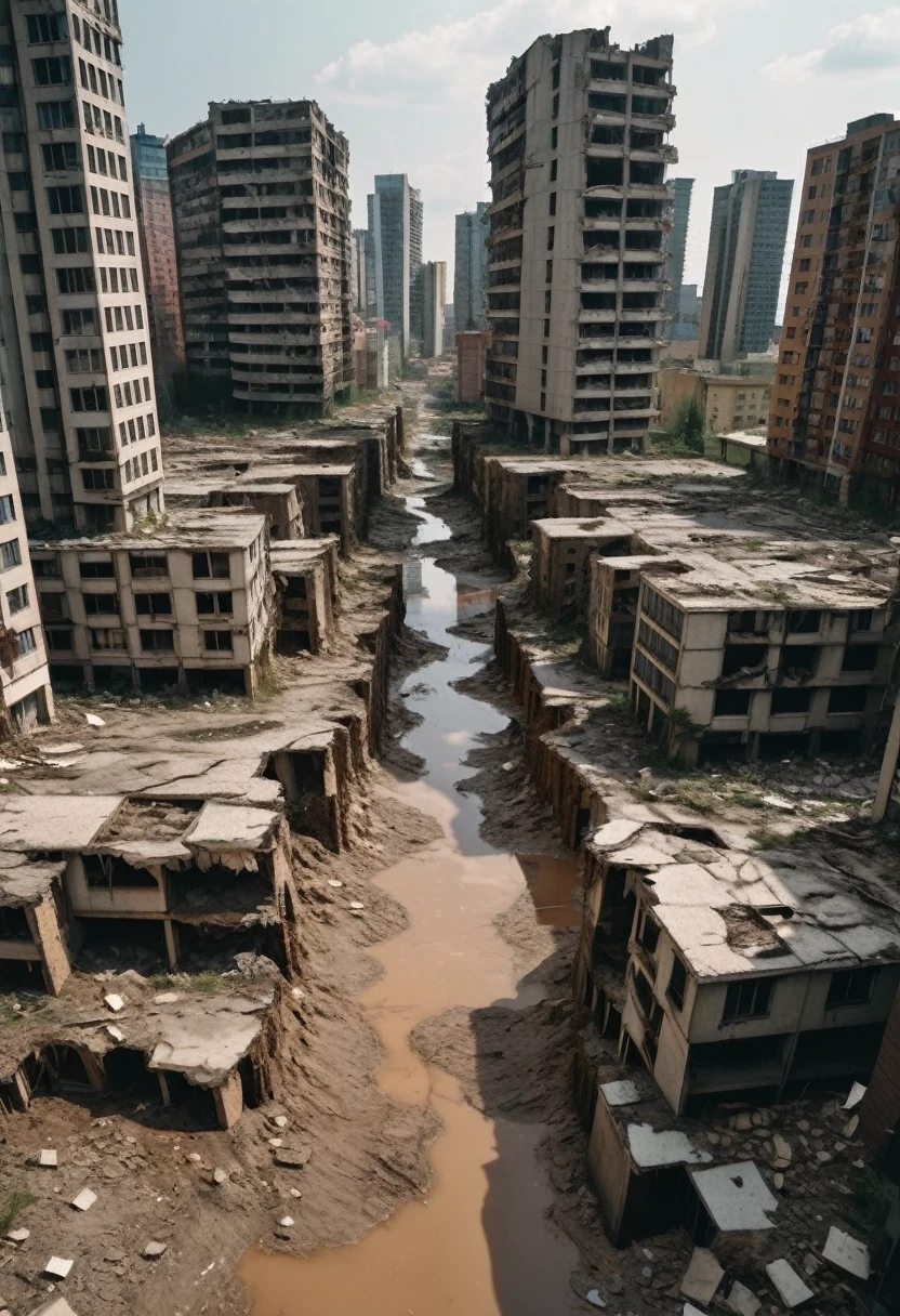 Twisted cityscape, Surrealist, Fiction, large modern city with several tall buildings. The whole city seems to be twisted and ravaged. The ground is distorted and forms several zones between several blocks of buildings. Some zones are raised in height others are lowered. The majority of buildings are destroyed and in ruins, the streets are partly destroyed and some areas are flooded. Crevices and chasms formed between several buildings creating fragments of land. There are several holes in the roads like in the buildings. The place seems deserted. [Ruins] [Modern City] [Urban Landscape] [Destruction] [High Building] [Abandoned] [Overview] [Crevasses] [Chasm] [Fragments of Overgrown Land] [Fragments of Land Descended] [Apocalyptic] [ High Modern Building Destroyed] [Twisted Landscape] [Fiction]