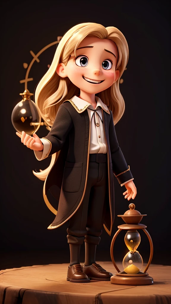 create a logo 10 year old Jesus smiling with an hourglass, black background, period clothes