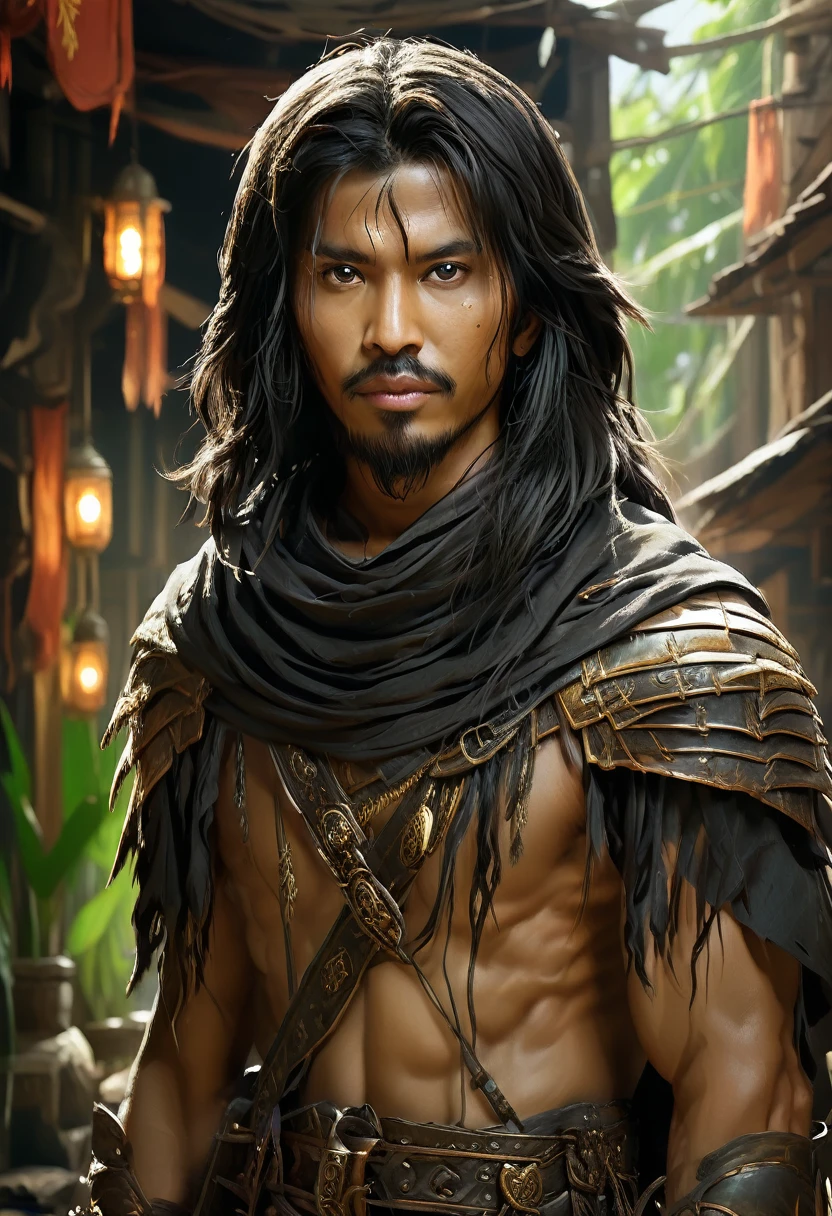 wira majapahit warrior, holding a bamboo, Javanese princess, majapahit warrior, long wavy black hair, hair tied up, wide eyes looking sharp and firm, very handsome face, bare chested, wearing ancient Javanese knight jawelry, realistic, background black, fantasy, intricate, elegant, highly detailed, digital painting, art station, concept art, 4k, complete body