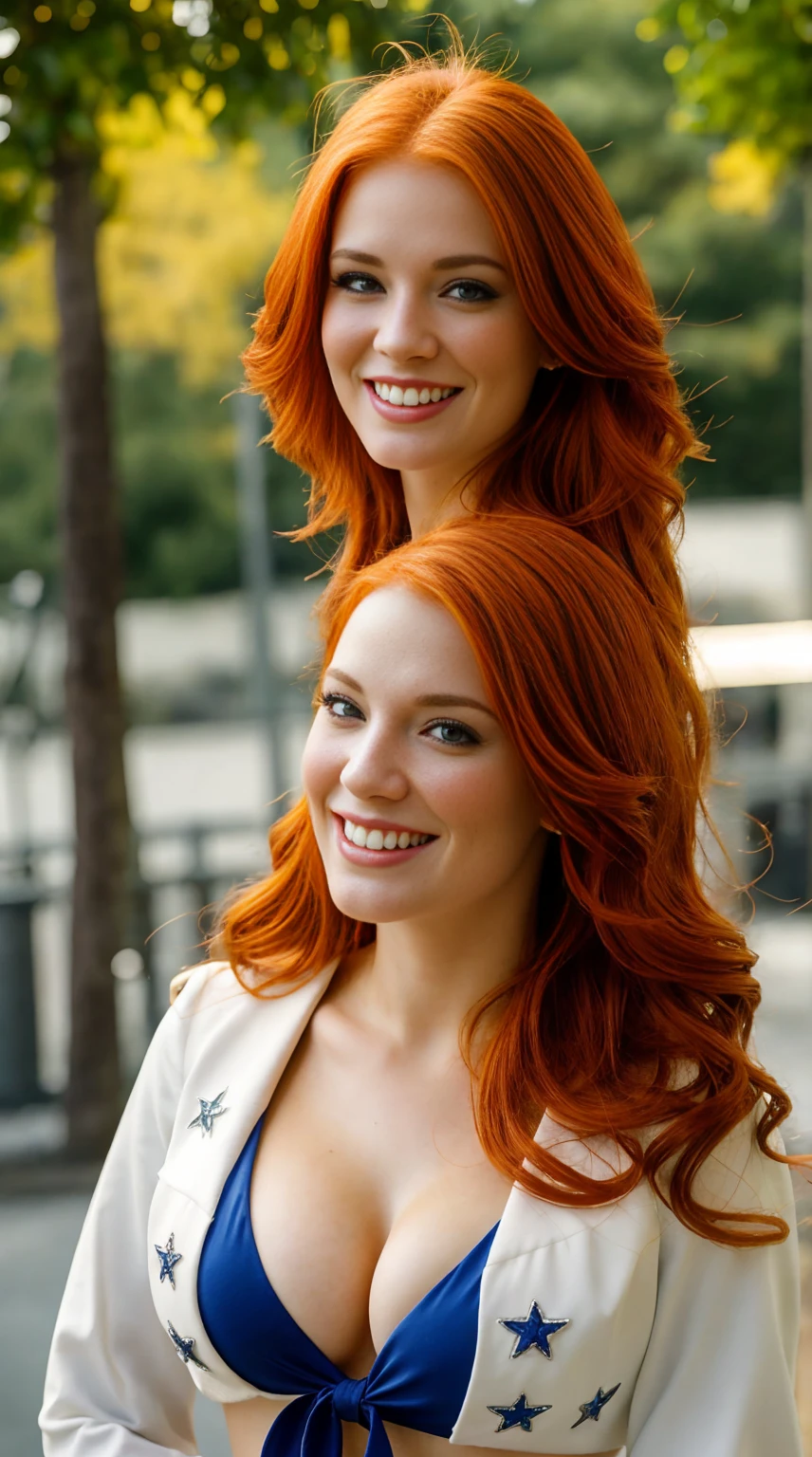 A redheaded woman looking directly at the viewer, a perfect, photorealistic photograph with beautiful, professional quality, a perfect, slender body, smiling happily with a cheerful, joyful expression, large breasts, cinematic bokeh background