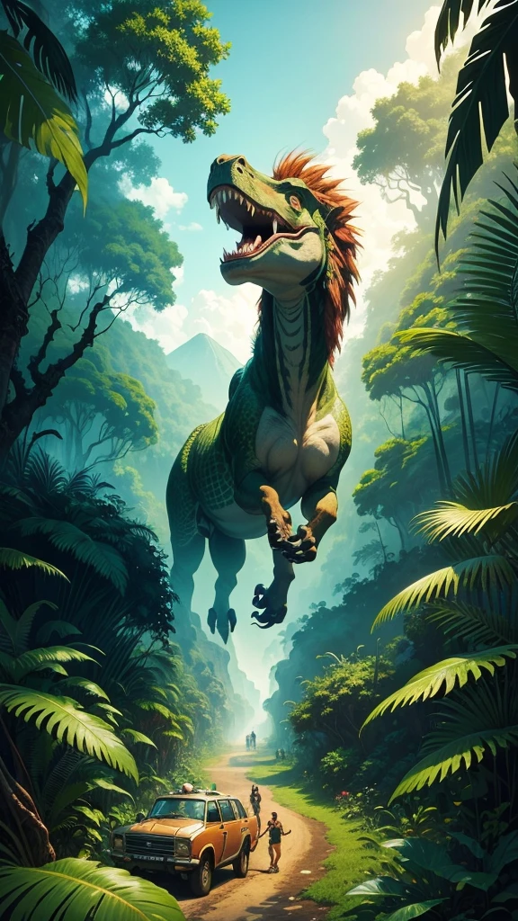 A movie poster with 80s art style, about an adventure in the jungle, where explorers find a beautiful valley in the jungle, where prehistoric animals and dinosaurs live