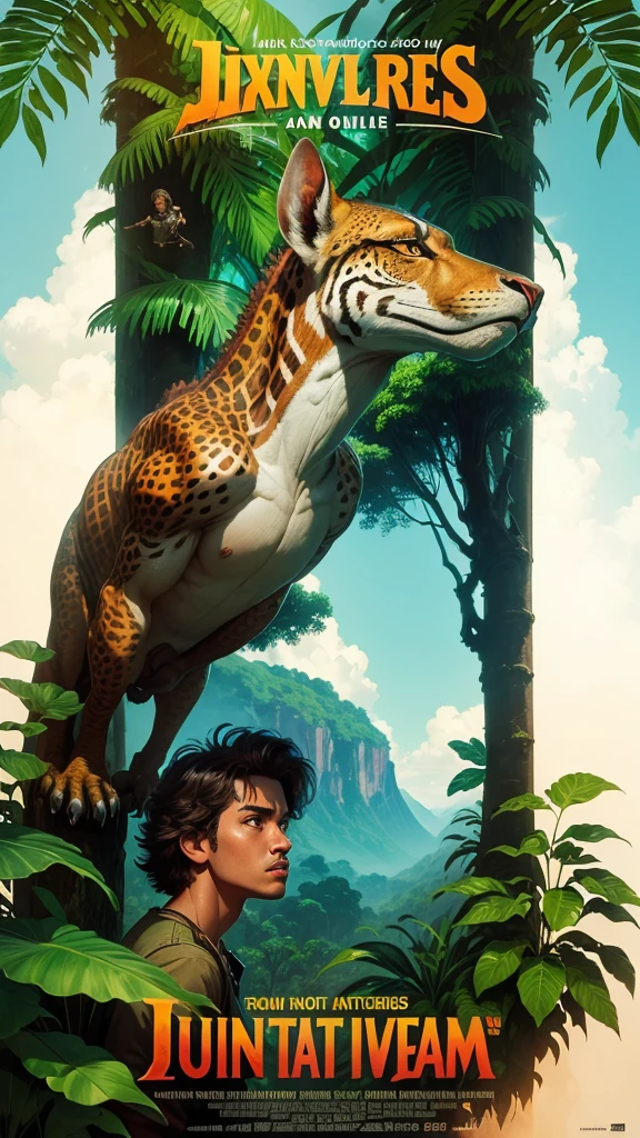 A movie poster with 80s art style, about an adventure in the jungle, where explorers find a beautiful valley in the jungle, where prehistoric animals and dinosaurs live