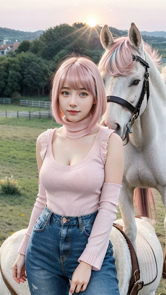 1 Girl, Beautiful, Baby Face, 20 Years Old, White Skin, Colossal Chest, Sleeveless Turtleneck, Denim Mini Pants, Cleavage, Riding a Horse, White Horses, Home Outdoor Background, Highlight Pink Coloured Hair, Medium Bob Hair, ((Adorable:1.3)), ((Masterpiece:1.1)), ((Hair Blowing:1.1)), Sunset